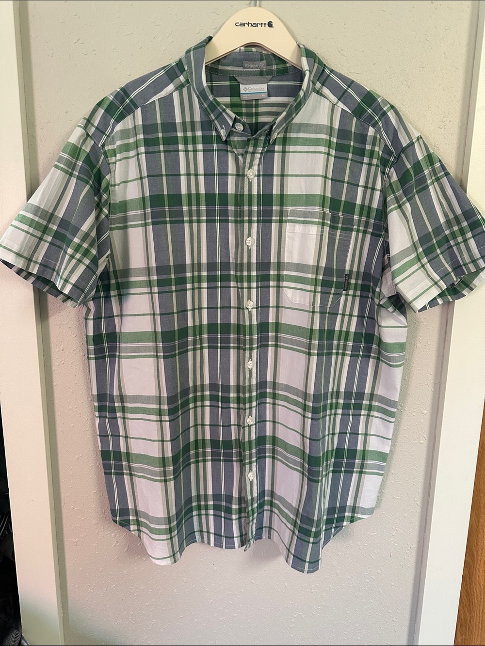 Columbia Green and White Plaid Short-Sleeve Button-Down Shirt